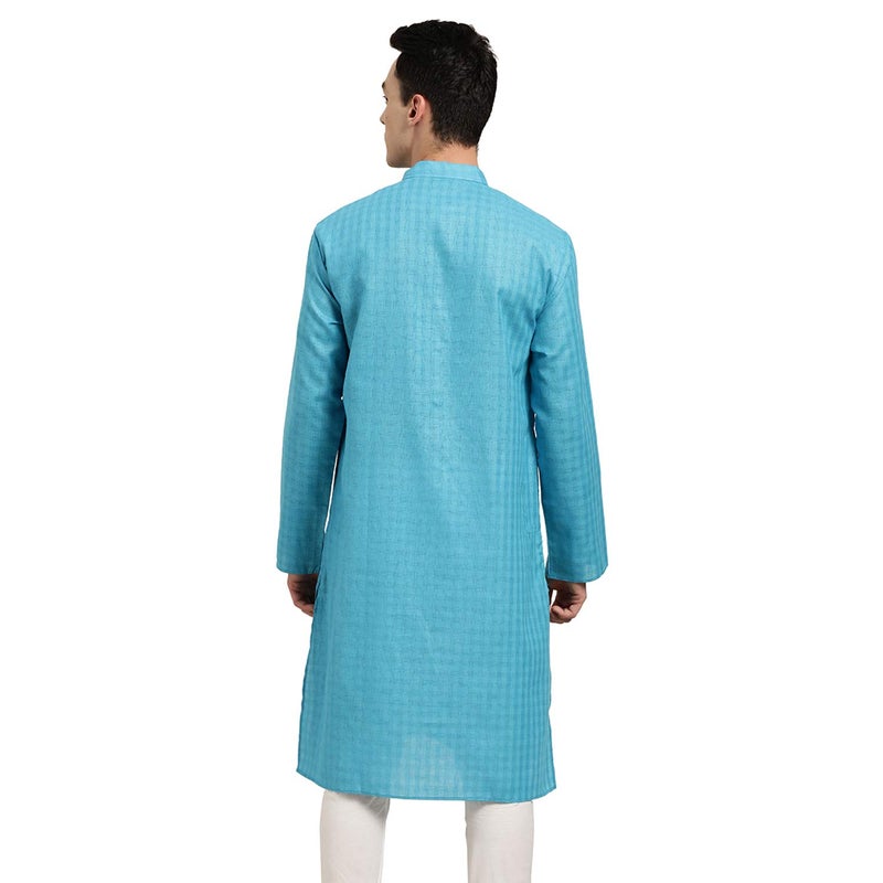 Sojanya (Since 1958 Men'S Cotton Linen Peacock Blue Checked Only Long Kurta, Size 42 - Image 2